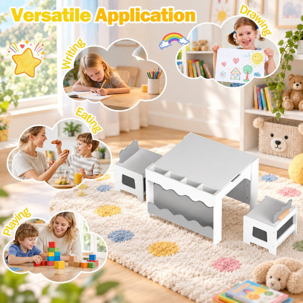 Airfind Multi-purpose Activity Kids Table and Chairs Set with Double-sided Tabletop, 55 lbs Capacity, MDF Frame, 26 Inch x 25 Inch x 19 Inch Footprint, Gray