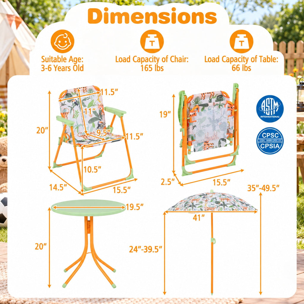 Airfind Kids Outdoor Table and Chair Set with 2 Folding Chairs and Height Adjustable Umbrella, 165 lbs Capacity, for 3-6 Years Old, Yellow