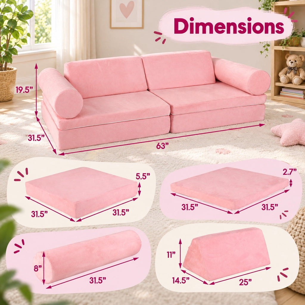 Airfind 8 Pieces Kids Play Couch Foam Building Fort Play Set with Suede Cover, Suede Fabric Sponge Frame, 63in x 31.5in x 19.5in Footprint, Pink