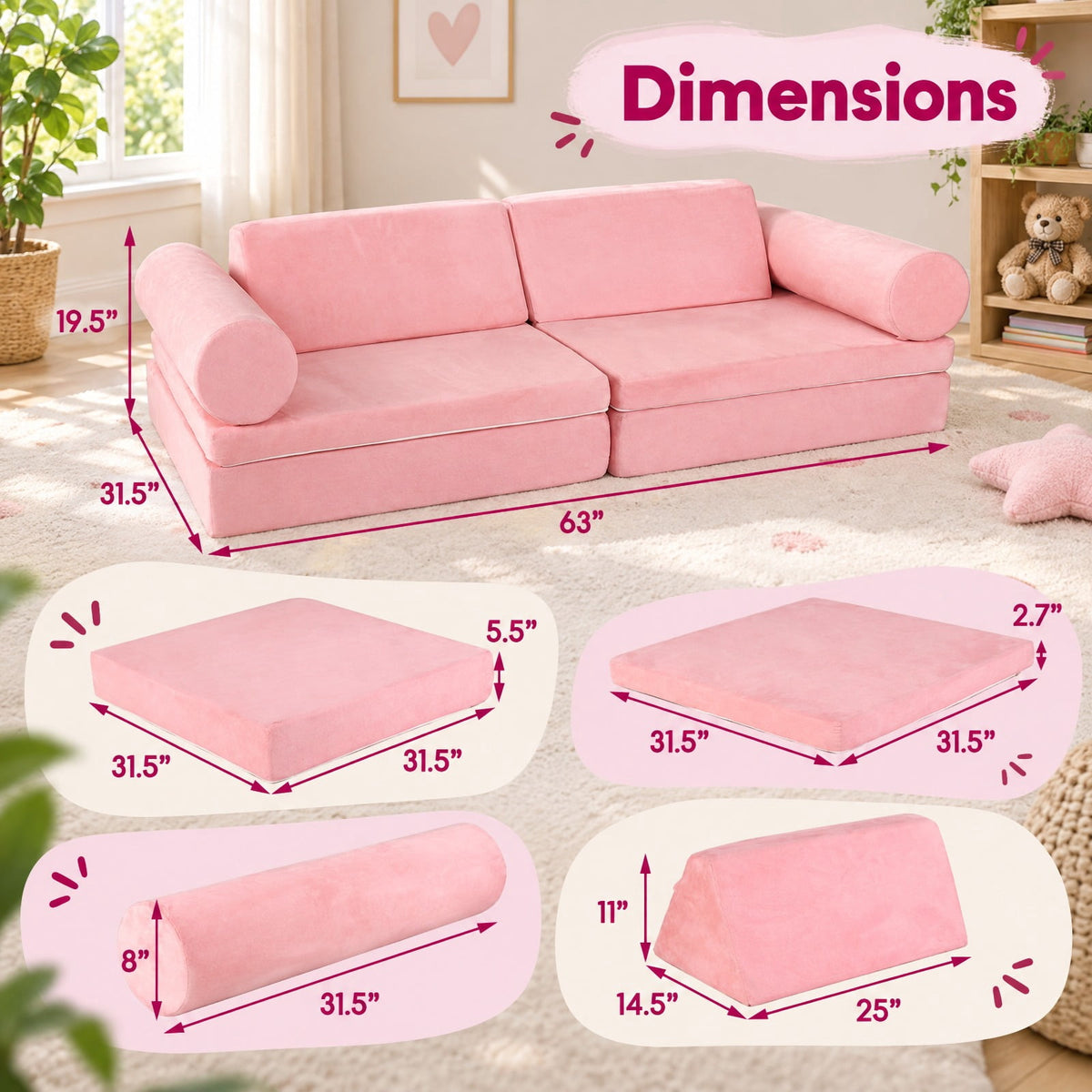 Airfind 8 Pieces Kids Play Couch Foam Building Fort Play Set with Suede Cover, Suede Fabric Sponge Frame, 63in x 31.5in x 19.5in Footprint, Pink