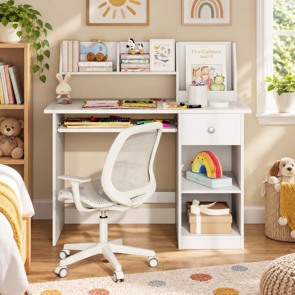 Airfind Youth Study Desk Youth Writing Table with Hutch Drawer Shelves and Keyboard Tray, 200 Lbs Capacity, Engineered Wood, White