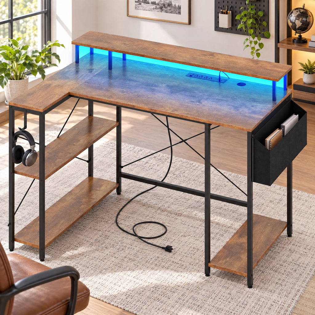 Airfind L-Shaped Gaming Desk with LED Lights and Power Outlets, 200 lbs Capacity, Engineered Wood Metal Frame, 48 x 31.5 x 34.5 Footprint, Black