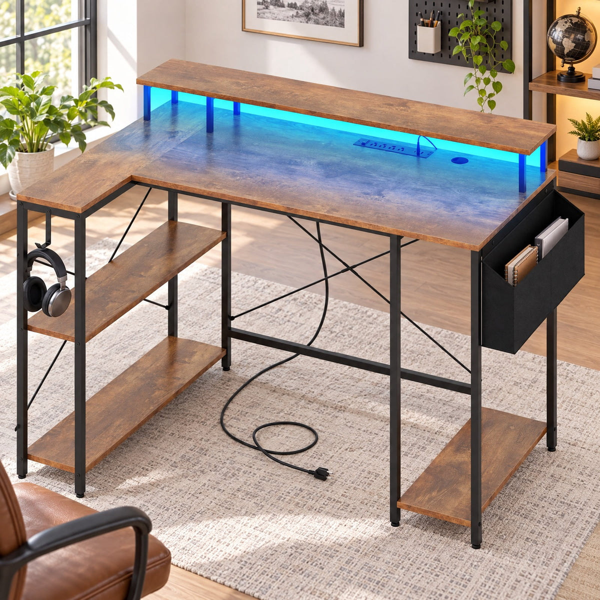 Airfind L-Shaped Gaming Desk with LED Lights and Power Outlets, 200 lbs Capacity, Engineered Wood Metal Frame, 48 x 31.5 x 34.5 Footprint, Black