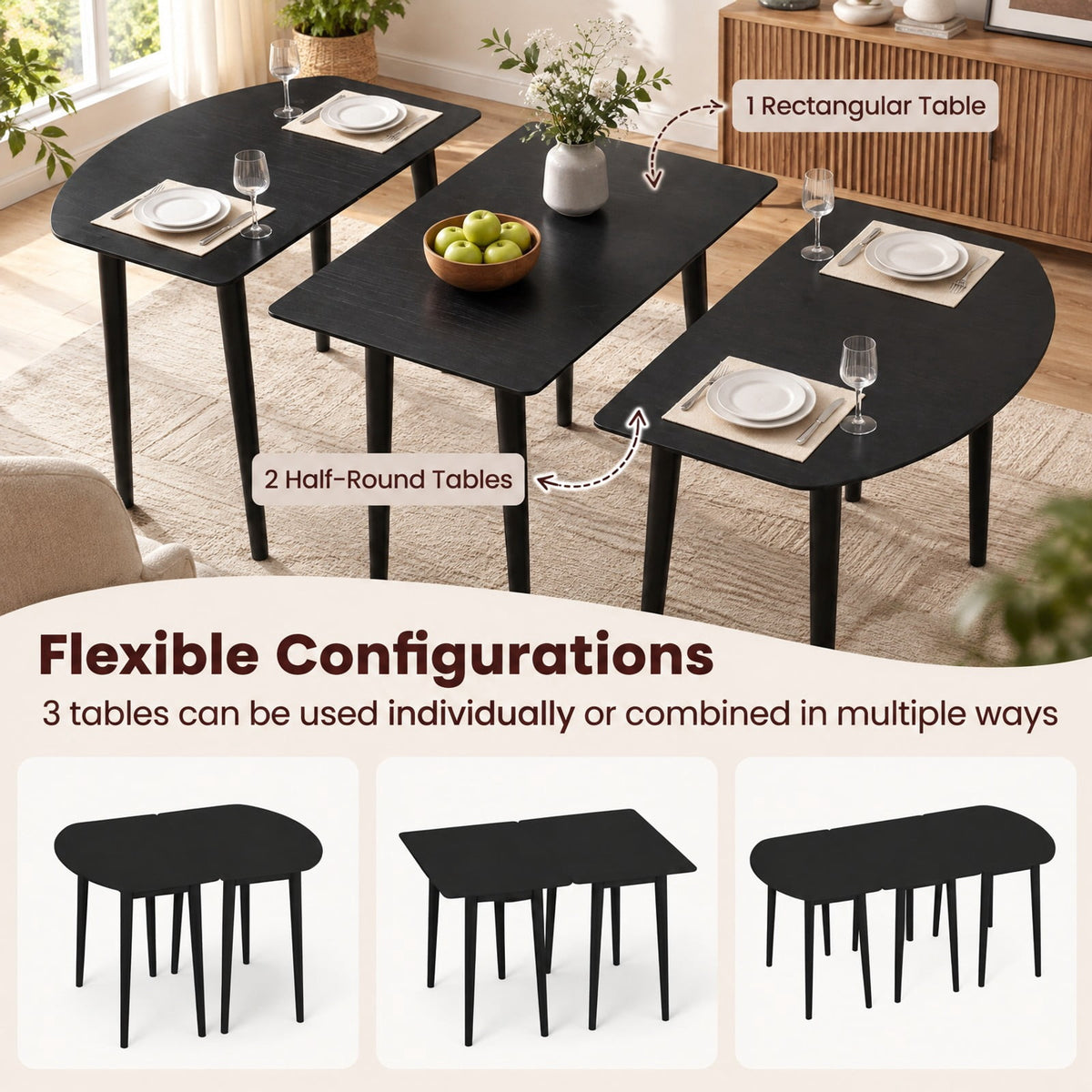 Airfind Extendable Oval Dining Table Set with 2 Half-Round Tables for 4-6 People, 260 lbs Capacity, MDF Rubber Wood Frame, Black