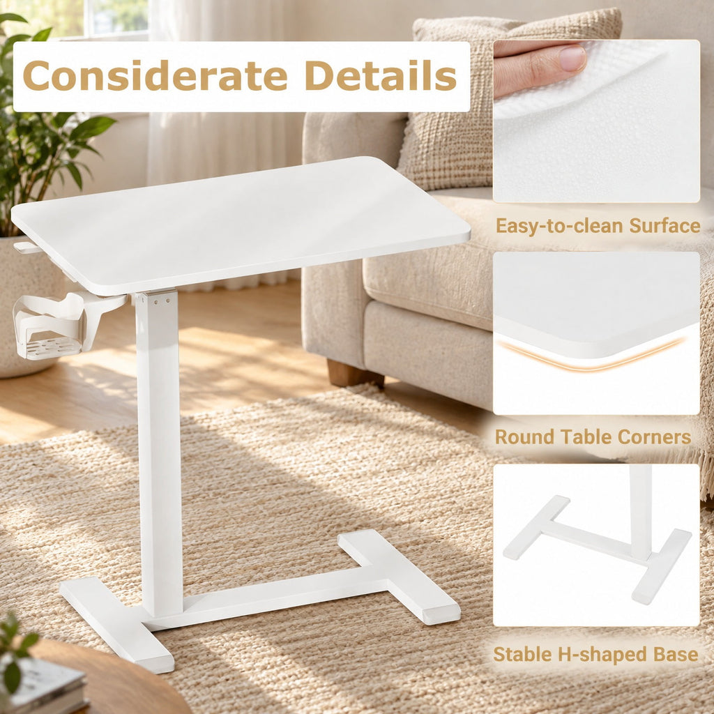 Airfind Mobile Standing Desk Height Adjustable Overbed Bedside Table with Cup Holder, 90 lbs Capacity, Engineered Wood Frame, White