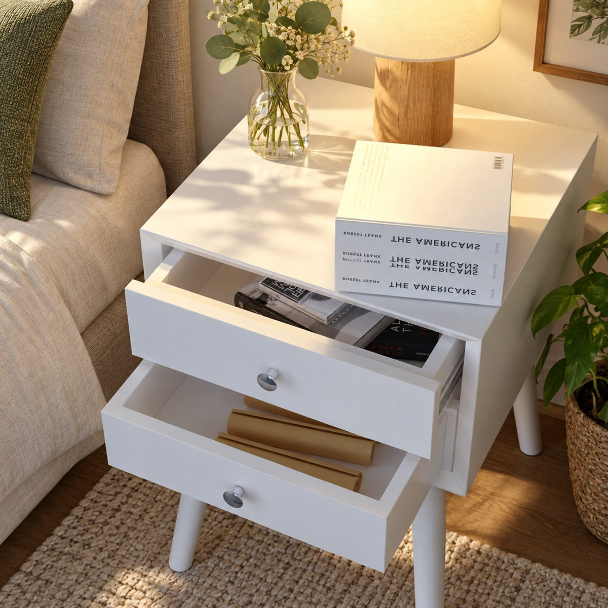 Airfind Wooden Nightstand Mid-Century End Side Table with 2 Storage Drawers, 165 lbs Capacity, Rubber Wood Frame, White