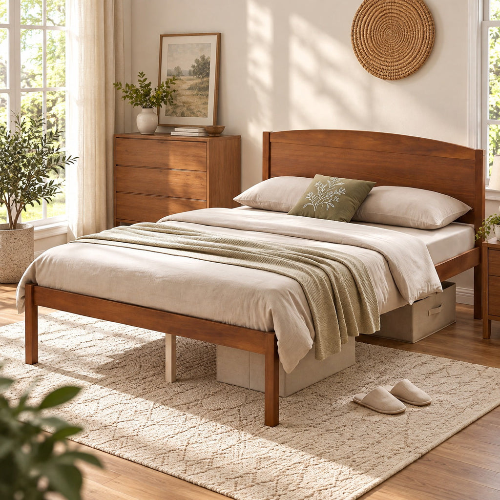 Airfind Full Size Wooden Platform Bed Frame with Curved Headboard, 300 lbs Capacity, Pine Wood Engineered Wood Frame, 80 x 57 x 37.5 Footprint