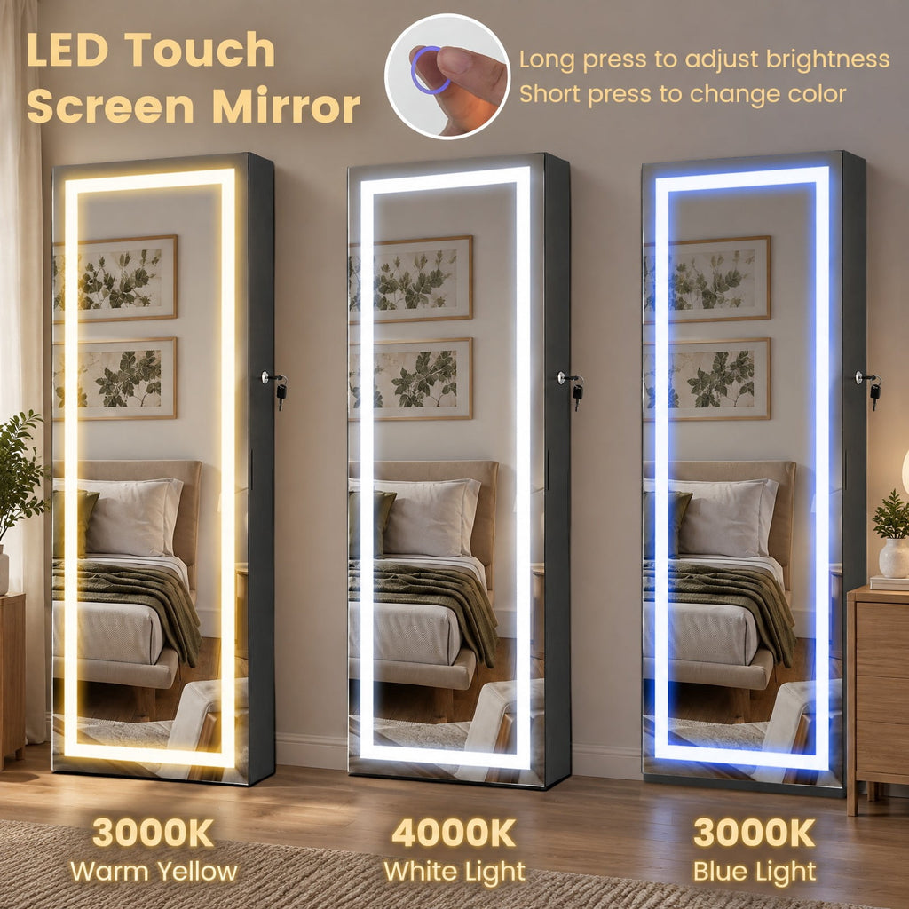 Airfind 42.5 Inches Lockable Jewelry Mirror Wall Cabinet with 3-Color LED Lights, MDF Frame, 15 x 4 x 42.5 Hook Footprint, Black