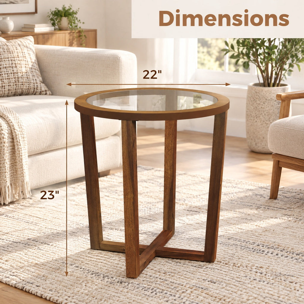 Airfind Modern Round End Table Sofa Side Table with Transparent Tempered Glass Top, 90 lbs Capacity, Tempered Glass Acacia Wood MDF Plywood Frame