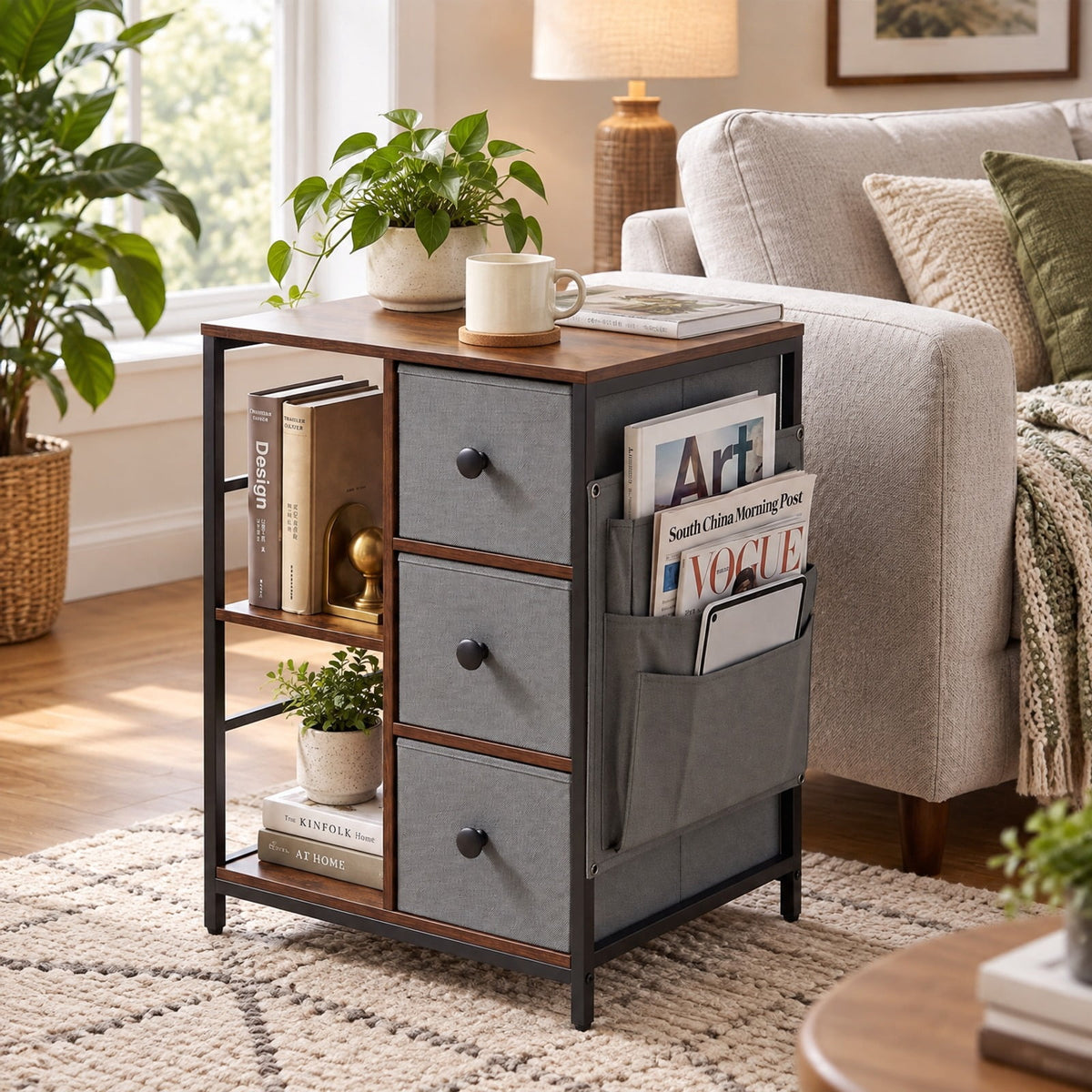 Airfind Side Table with Charging Station Industrial Nightstand with Open Shelves, 18 x 16 x 25Inner Footprint, Brown