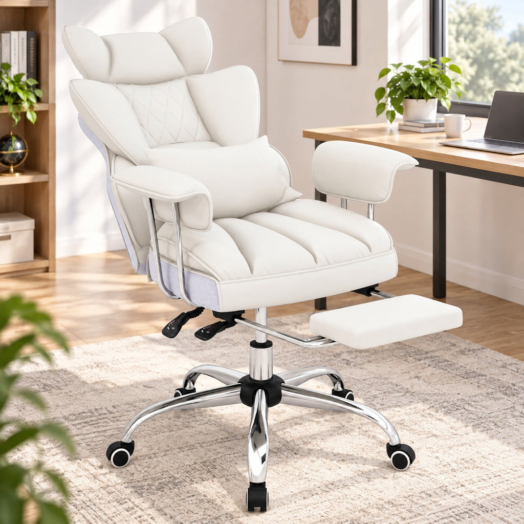 Airfind PU Leather Home Office Chair 400 lbs High Back Executive Chair, 400 lbs Capacity, PU Leather Sponge Pocket Spring Plywood Metal Frame, White