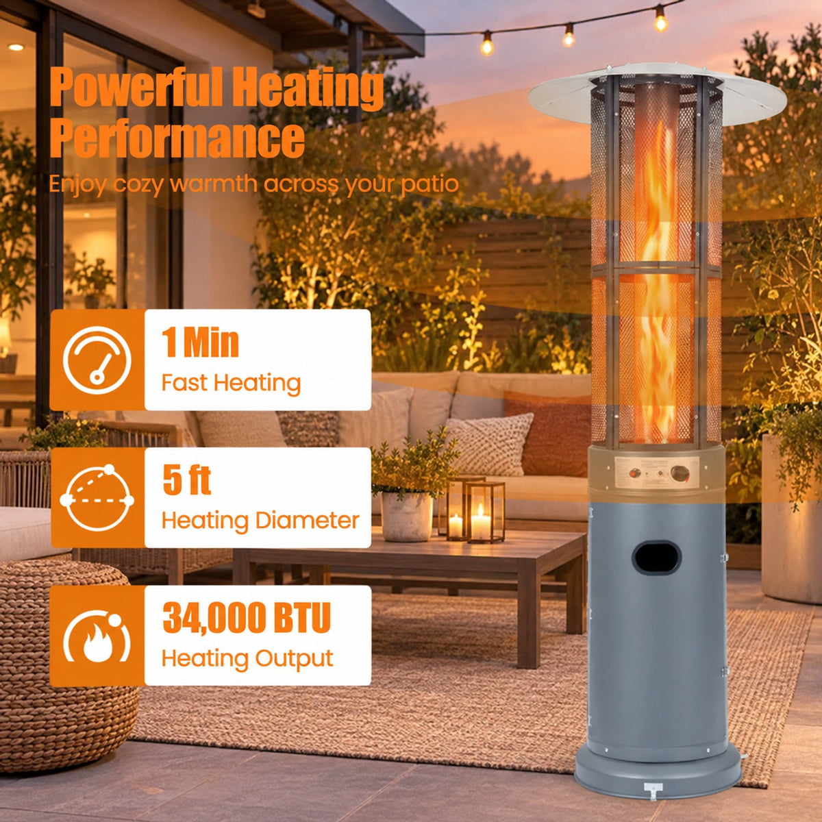 Airfind Outdoor Propane Patio Heater with Glass Tube and Tilt-Over Protection, Metal Frame, 27.5in x 74.5in Footprint, Gray