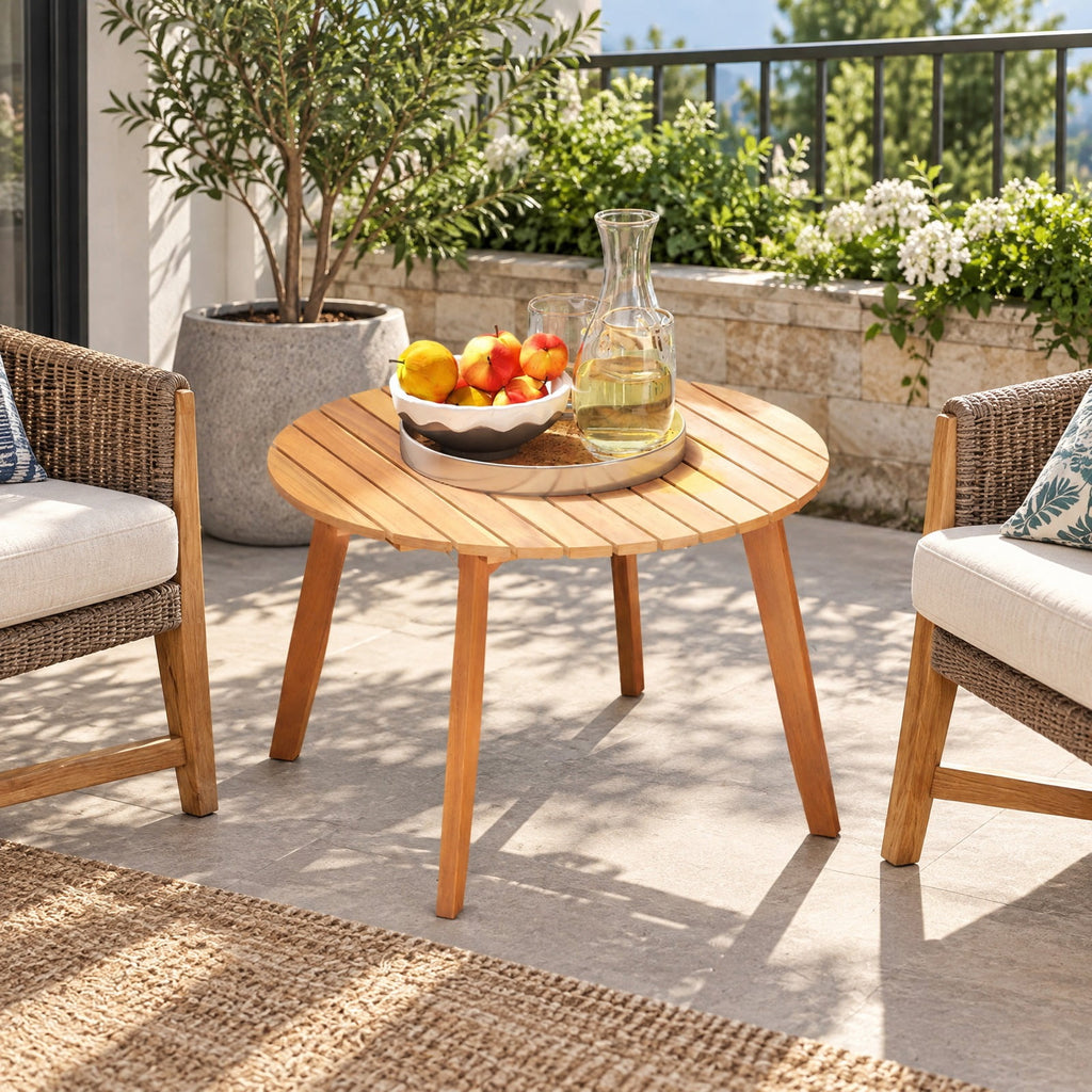 Airfind Round Outdoor Acacia Wood Side Table with Slatted Tabletop, 165 lbs Capacity, Acacia Wood Frame, 24.5 x 24.5 x 16 Footprint, Wood