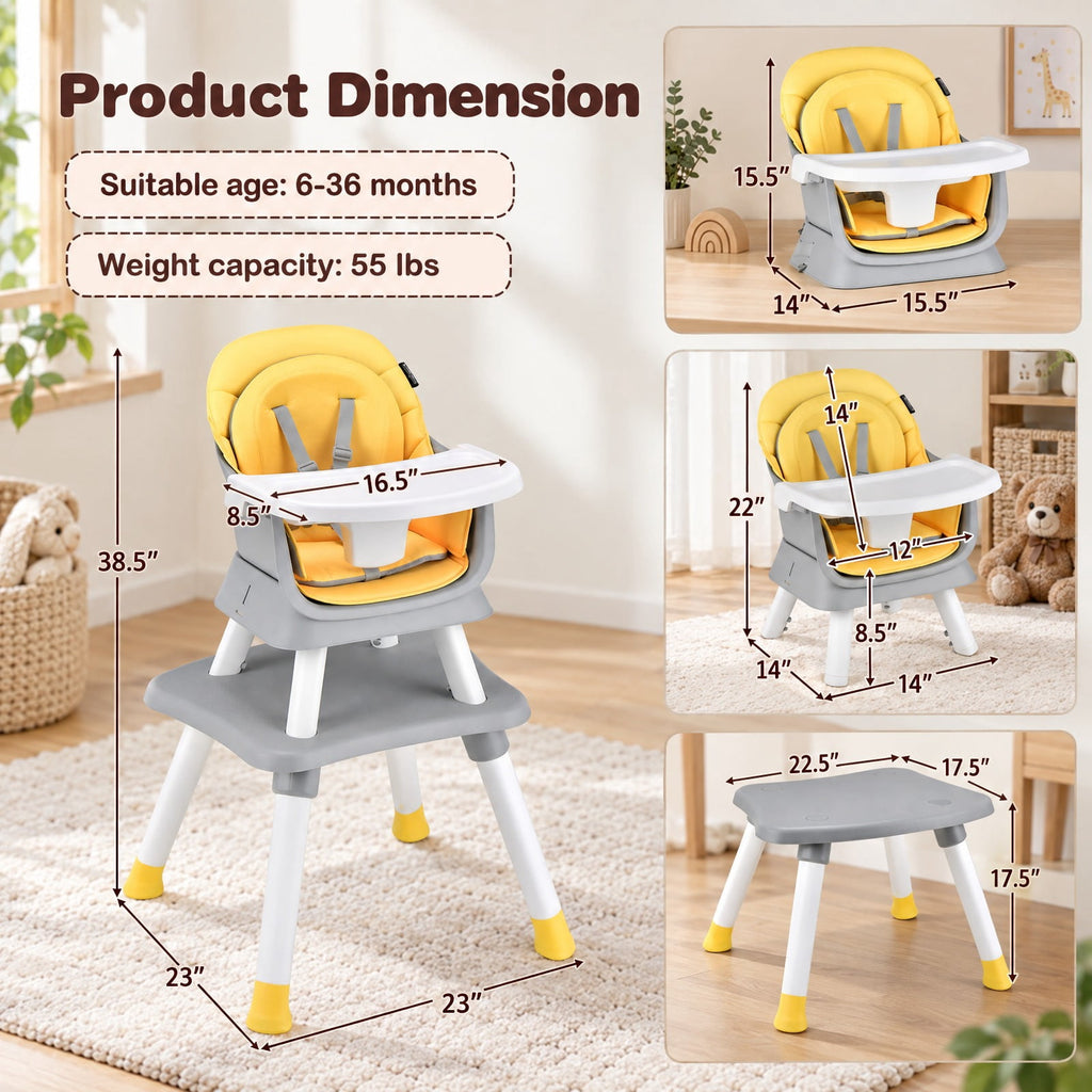 Airfind 6-in-1 Convertible Youth High Chair featuring Adjustable Removable Tray, 55 lbs Capacity, PP PU Fabric Frame, for 6-36 Months, Yellow