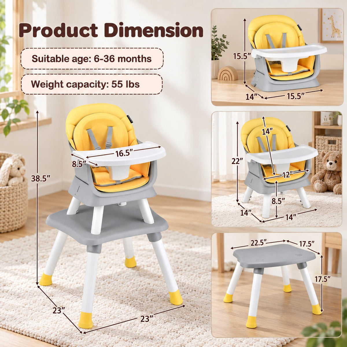 Airfind 6-in-1 Convertible Youth High Chair featuring Adjustable Removable Tray, 55 lbs Capacity, PP PU Fabric Frame, for 6-36 Months, Yellow