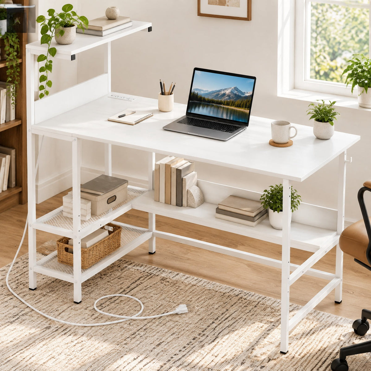 Airfind 48 Inch Computer Desk with Power Outlets and Storage Shelves, 88 lbs Capacity, Engineered Wood Metal Frame, 48 Inch x 23 Inch x 43.5 Inch Footprint