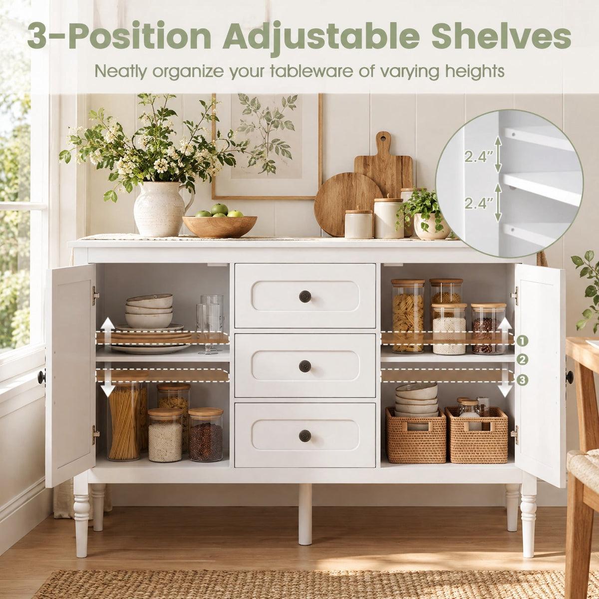 Airfind 47 Inch Vintage Buffet Cabinet with 3 Drawers 2 Cabinets and Adjustable Shelves for Dining Room, 110 Lbs Capacity, 47 Inch X 15.5 Inch X 31.5 Inch, White