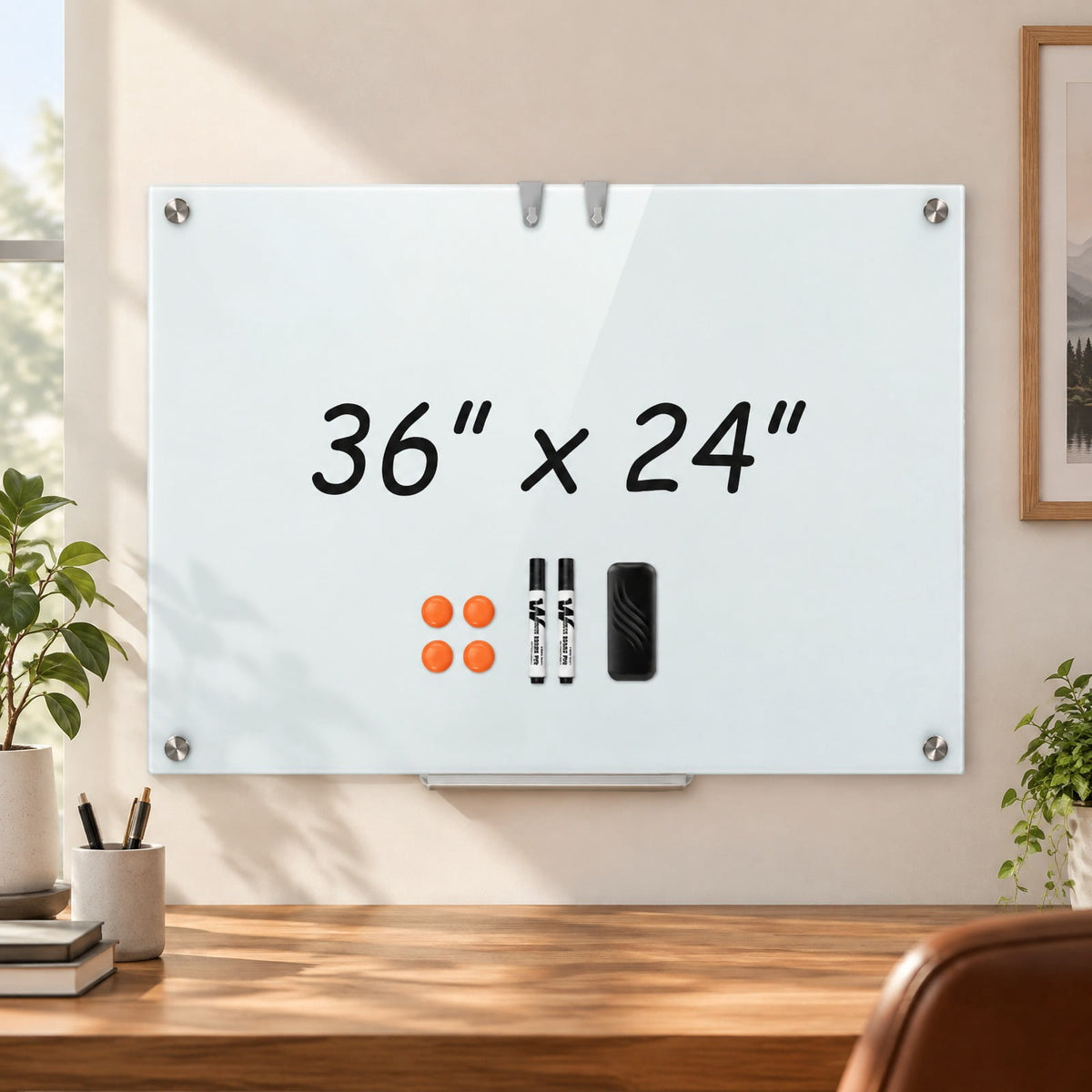 Airfind 36 x 24 Inches Glass Whiteboard with Eraser and Removable Tray, Tempered Glass Galvanized Metal Frame, 36 x 24 x 0.16 Footprint, White
