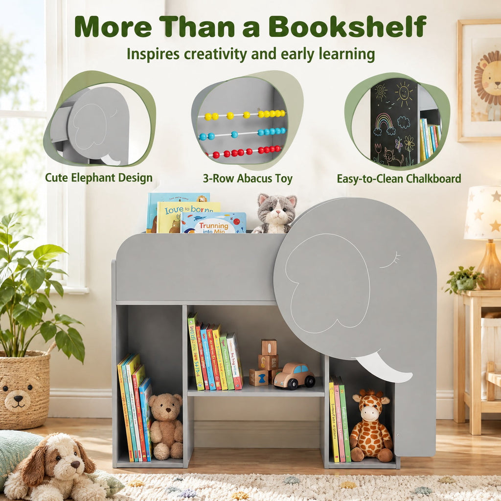 Airfind Montessori Bookshelf with Elephant Shape 3-Tier Toddler Toy Storage Organizer, 22 lbs Capacity, MDF Frame, for 3+ years old, Grey