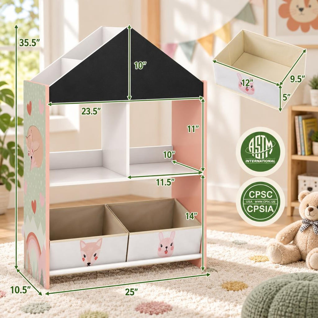 Airfind Playhouse Kids Bookshelf with Chalkboard and Whiteboard for 3-6 Years, MDF Metal Fabric Frame, Pink