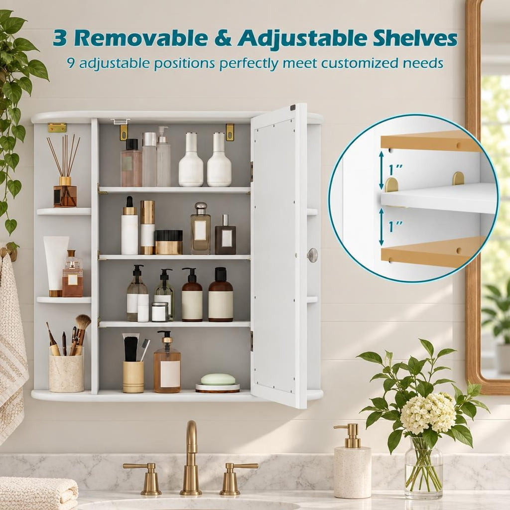 Airfind Multipurpose Mount Wall Mirror Bathroom Storage Cabinet, 44 lbs Capacity, MDF Frame, 26in x 6.5in x 25in (L x W x H) Open Compartment Footprint