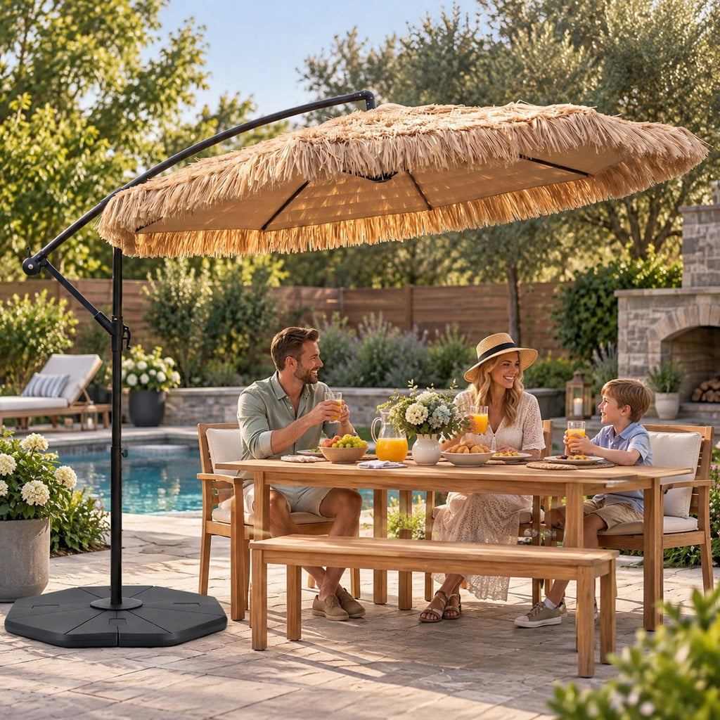 Airfind 10 FT Solar Thatched Cantilever Umbrella with 12 Modes and Crank Lift, PE Thatch Polyester Fabric Metal ABS Frame, Brown