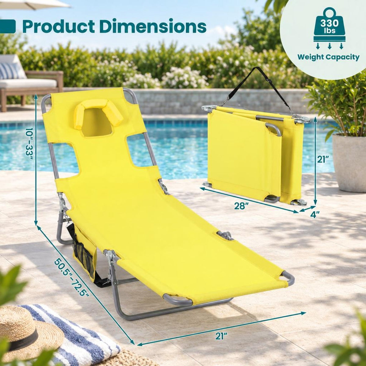 Airfind Folding Beach Lounge Chair with Adjustable Backrest for Lawn, 330 lbs Capacity, Metal Oxford Fabric Polyester Sponge Frame, Yellow