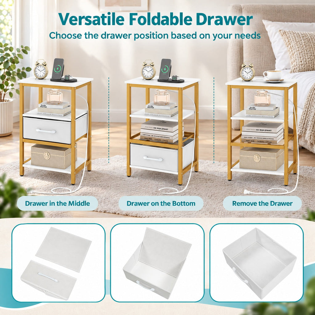 Airfind Nightstand with Charging Station and Adjustable Fabric Drawer for Bedroom and Living Room-1 Piece, 44 lbs Capacity, White and Gold