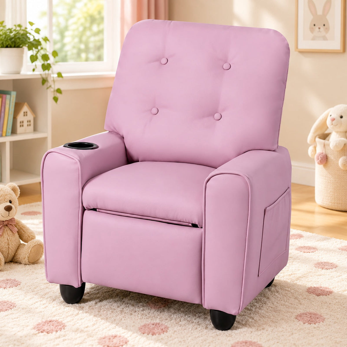 Airfind Youth Recliner Chair with Cup Holder, Side Pocket and Push-back Footrest, PU Upholstery, 24 x 21 x 30 in for Everyday Use, Pink