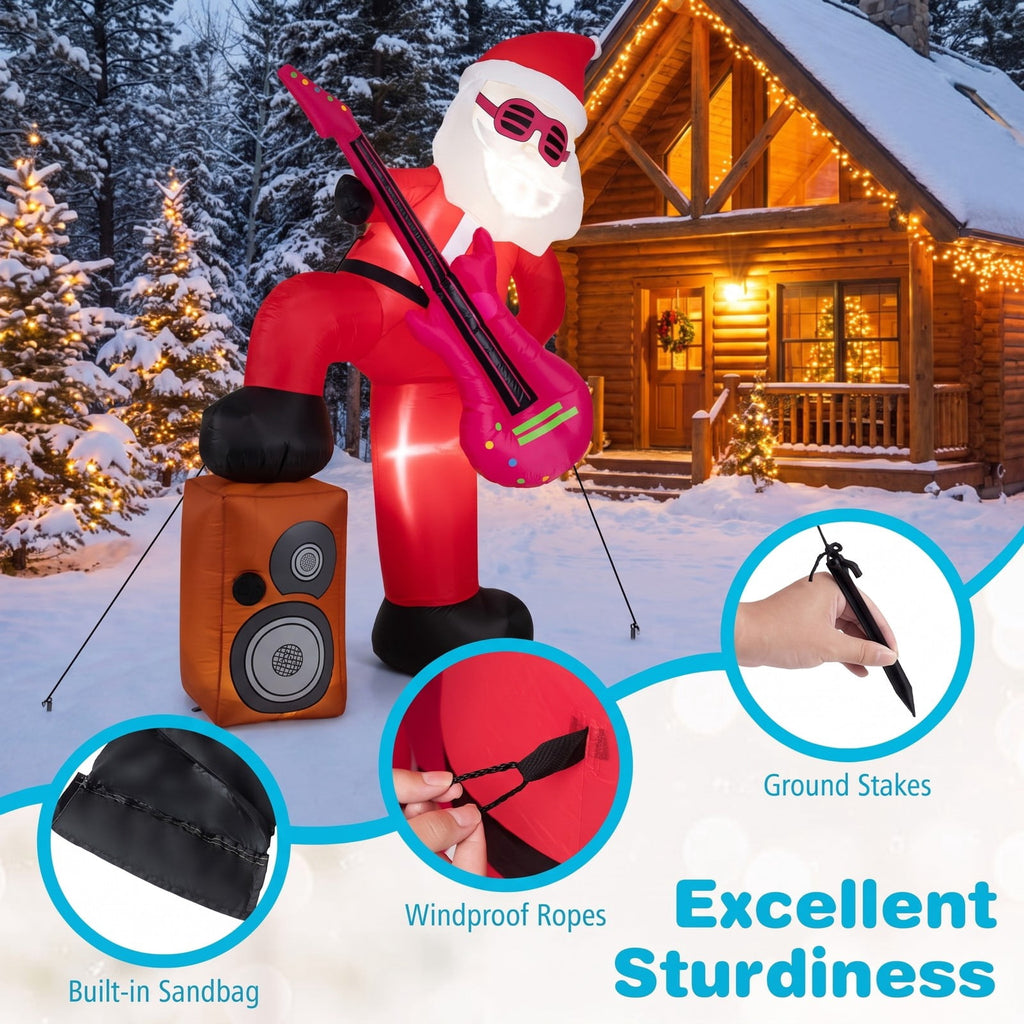 Airfind 8.4 ft Inflatable Santa Claus with Sound, 5ft x 4.6ft x 8.4ftNet Weight 4 lbs Footprint, Multi-colorMaterial Polyester FabricProduct