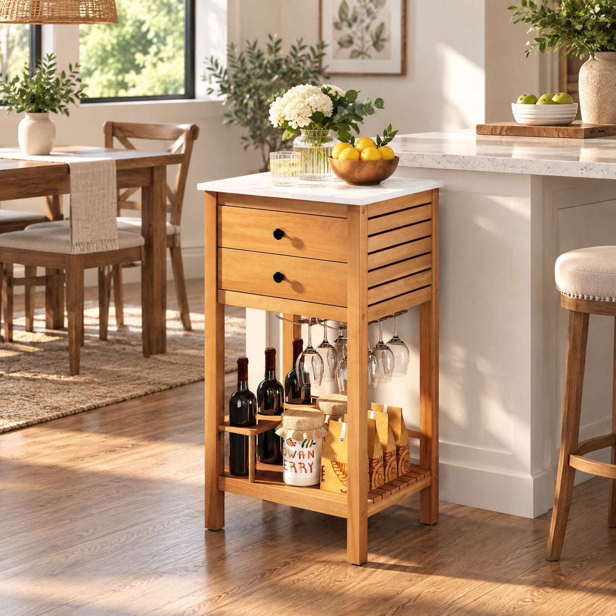 Airfind Patio Acacia Wood Storage Cabinet Patio Buffet Cabinet Bar Table with Faux Marble Countertop, 165 lbs Capacity, Acacia Wood Resin Frame