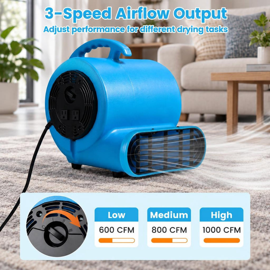 Airfind 1/3 HP Air Mover 3-Speed 1000 CFM Commercial Blower Fan, Polypropylene Frame, 12.2 x 11 x 13 Length of Footprint, Blue