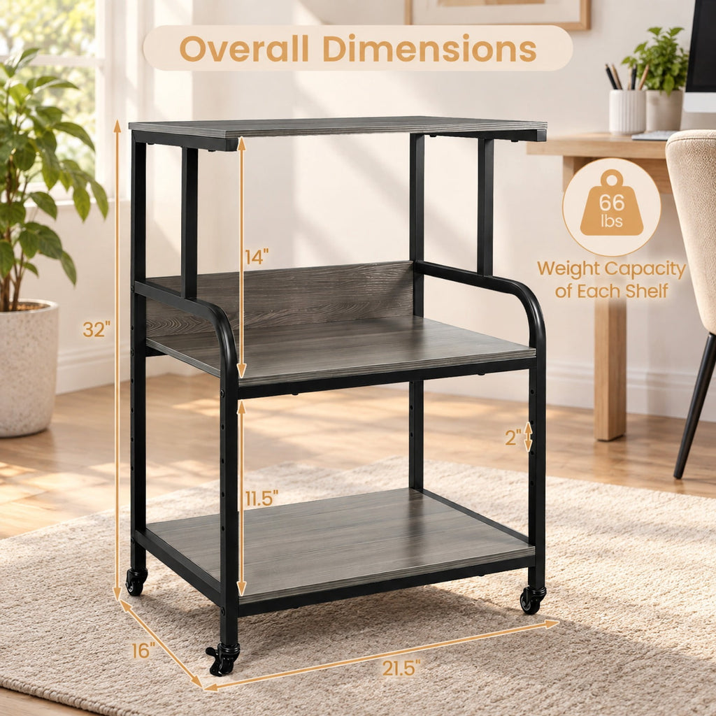 Airfind 3-Tier Rolling Printer Stand with Adjustable Shelf and Lockable Wheels, 44 lbs Capacity, Metal Engineered Wood Frame, Oak