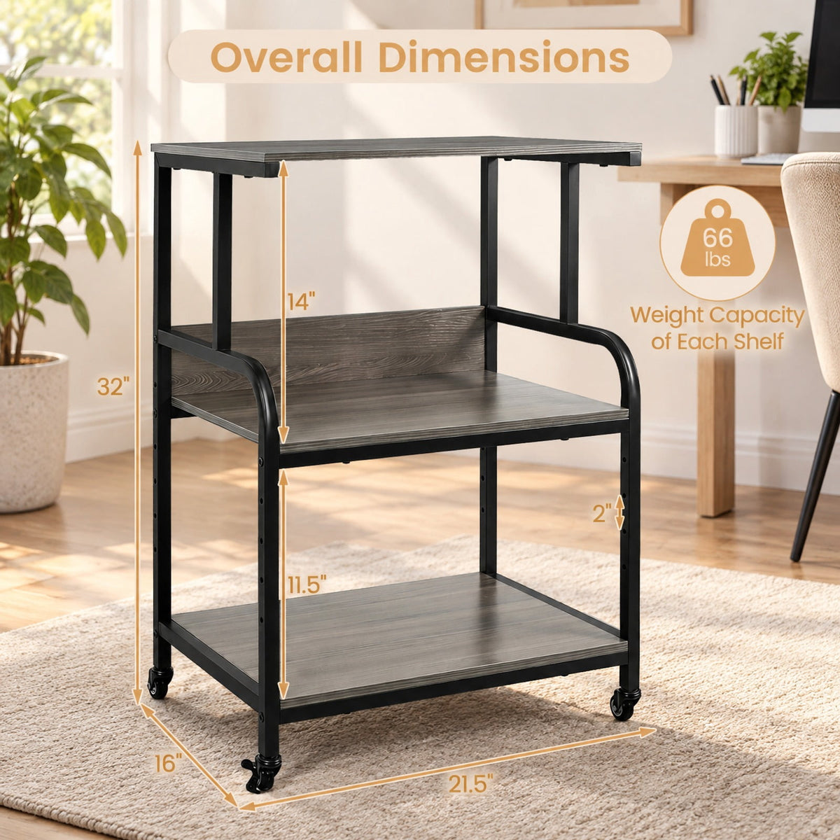 Airfind 3-Tier Rolling Printer Stand with Adjustable Shelf and Lockable Wheels, 44 lbs Capacity, Metal Engineered Wood Frame, Oak