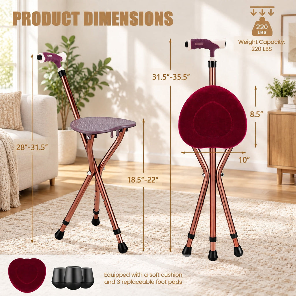Airfind Lightweight Adjustable Folding Cane Seat with Light, 220 lbs Capacity, 10 x 8.5 Footprint, Brown