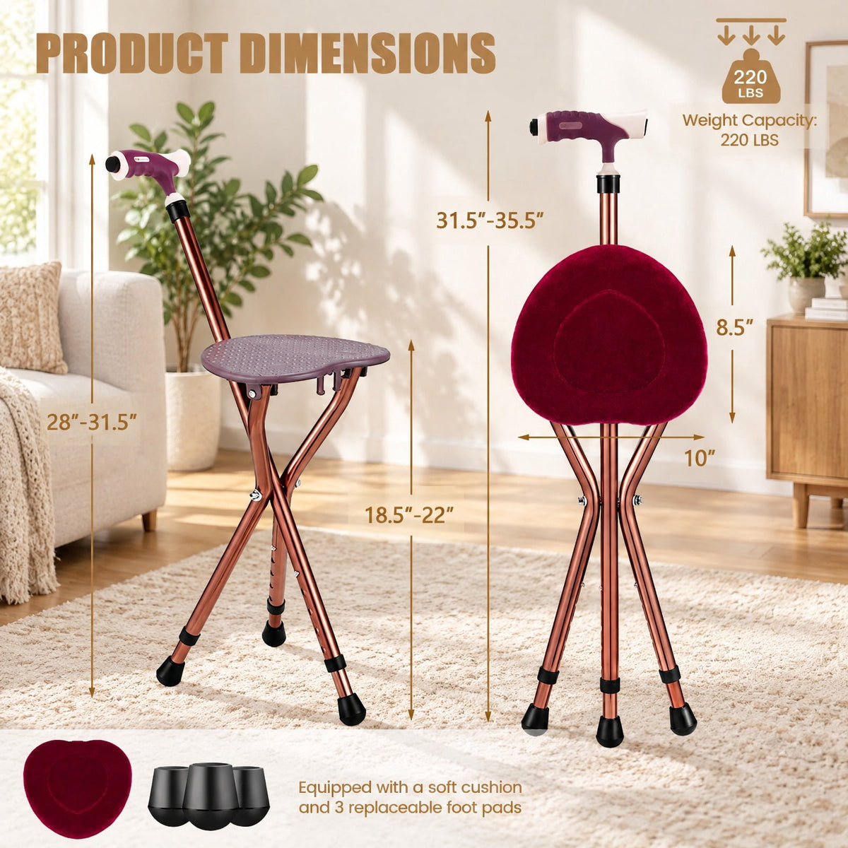 Airfind Lightweight Adjustable Folding Cane Seat with Light, 220 lbs Capacity, 10 x 8.5 Footprint, Brown