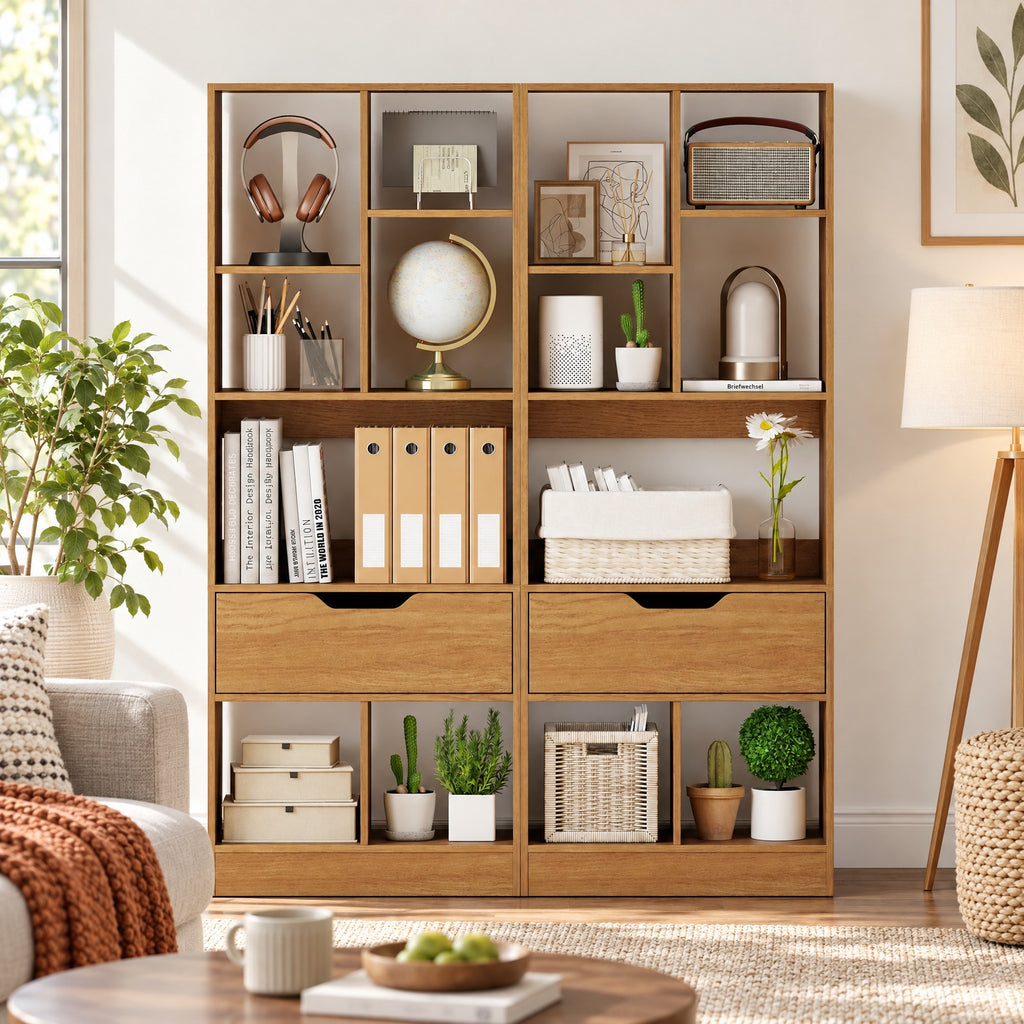 Airfind 51inch Tall Freestanding Bookcase with Drawer 7-Cube Storage Organizer, 165 lbs Capacity, Engineered Wood MDF Frame, Natural