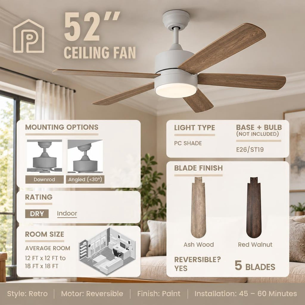 Airfind 52 Inches Ceiling Fan with Remote Control, Metal PC MDF Frame, Walnut, Make a retro addition to your home decoration