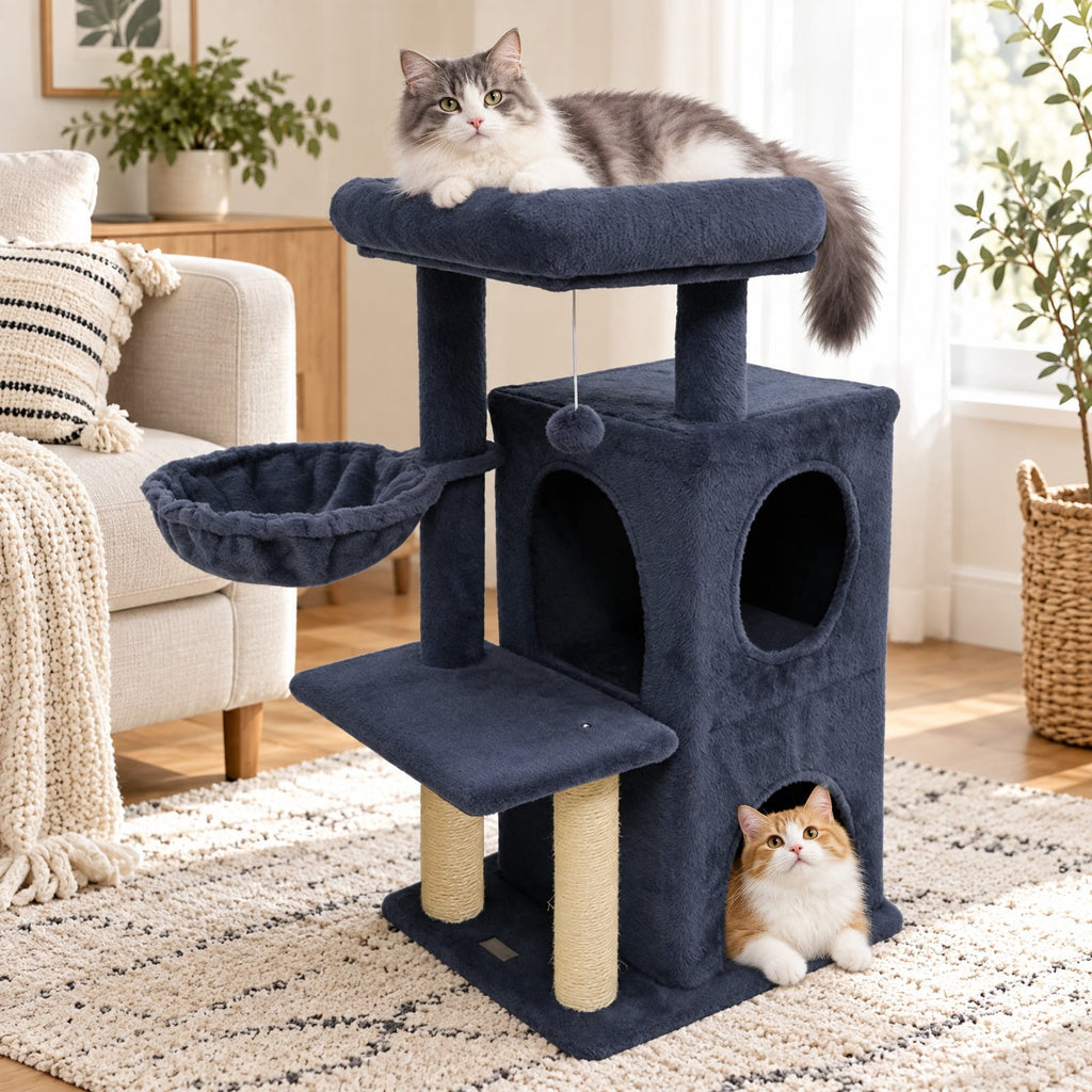 Airfind 33.5 Inch Cute Kitten Tower with 2-Tier Condo and Padded Top Perch, 22 lbs Capacity, Engineered Board Sisal Plush Fabric PP Polyester Frame