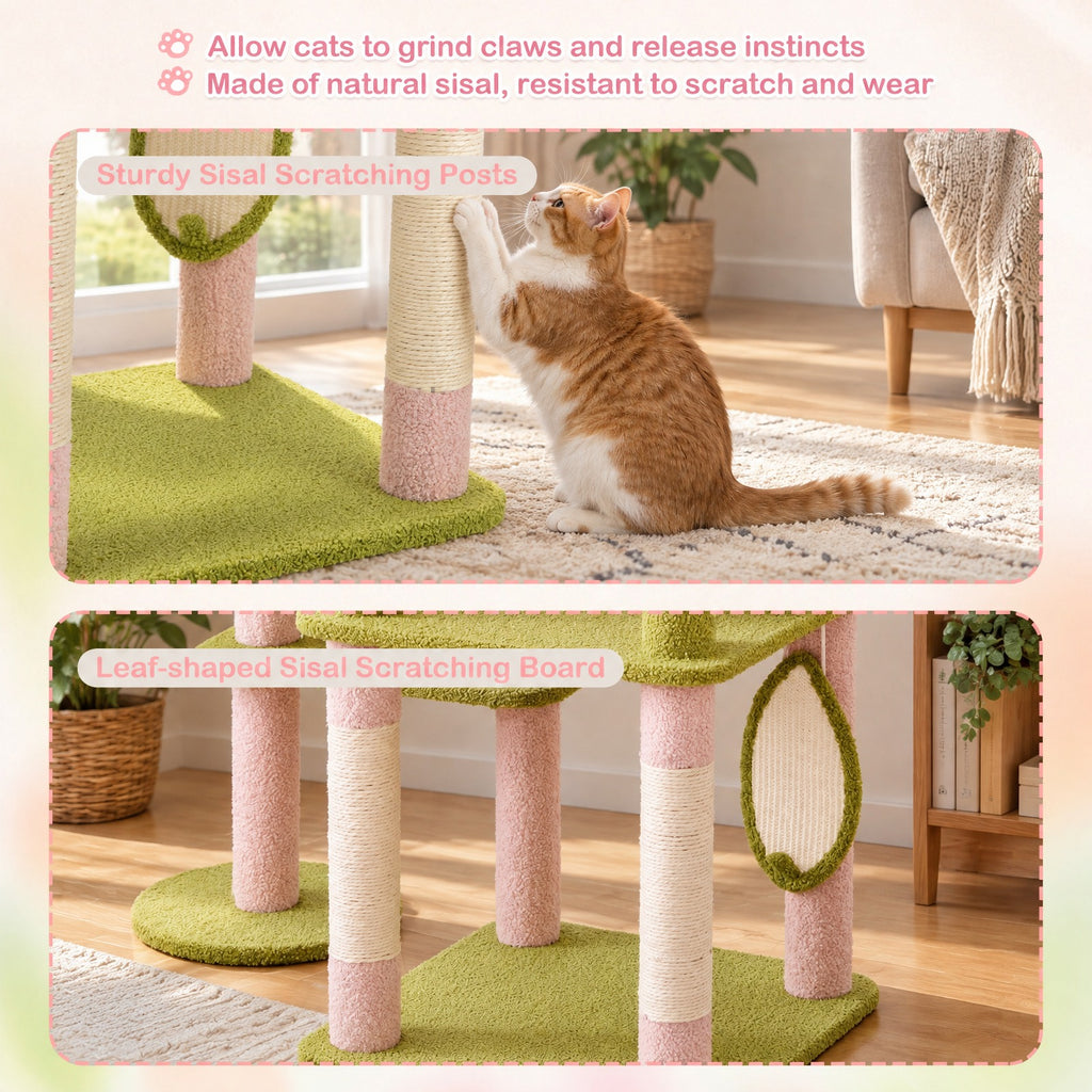 Airfind 58 Inch Tall Multi-Level Cat Tree Aesthetic Floral Kitten Tower, Teddy Plush Fabric Sisal Engineered Board Frame, Pink