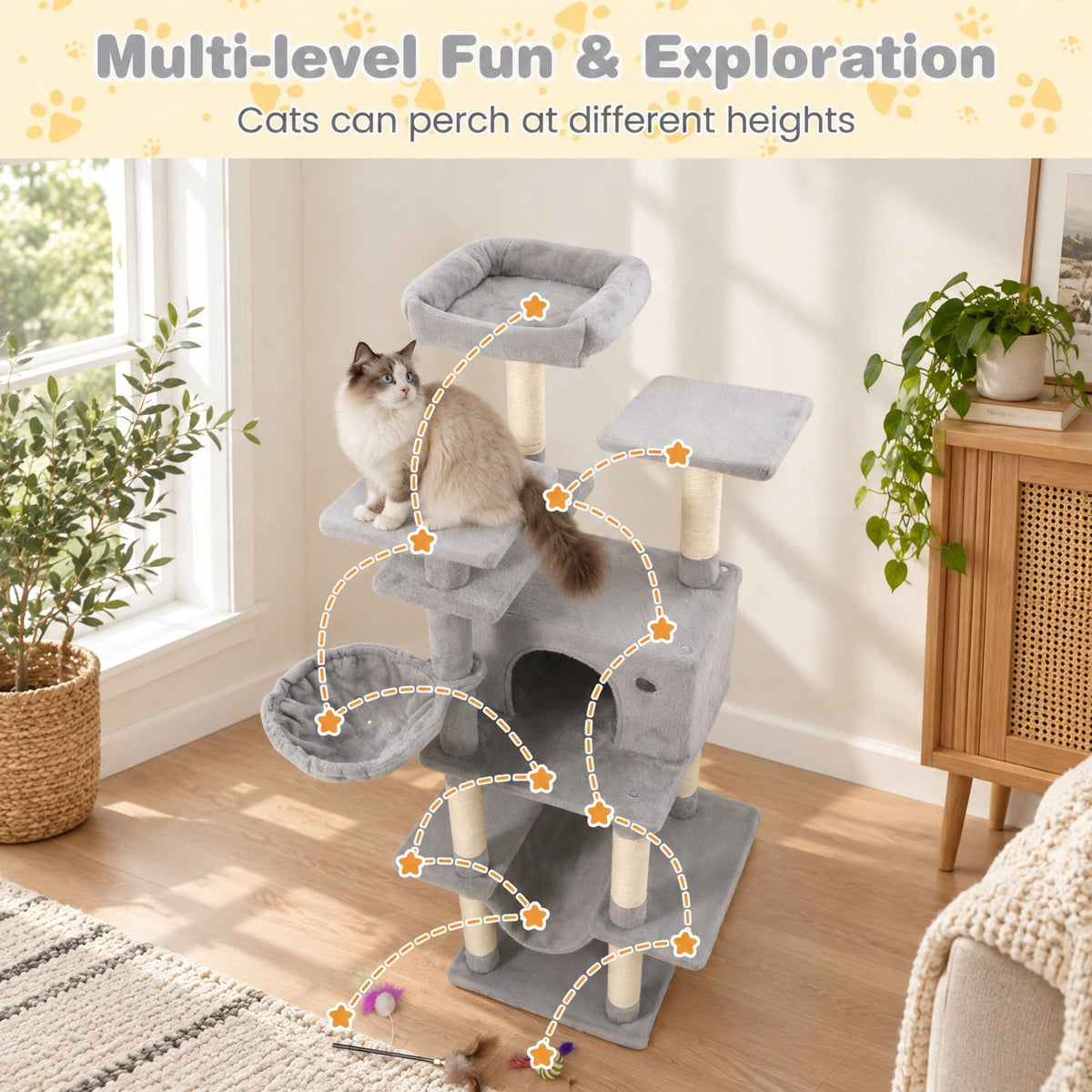 Airfind Large Cat Tree for Indoor Cats 63 Inch Tall Cat Tower, Plush Fabric Sisal Engineered Wood Base Frame, Gray