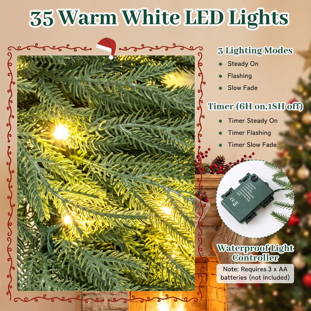 Airfind 24 Inch Pre-lit Christmas Wreath with 108 Branch Tips and 35 Warm White LED Lights for Wall Window-1 piece, TPE Metal Frame, White