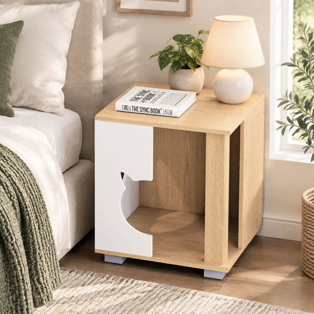 Airfind Wooden Semi-enclosed Cat Condo with Kitty Head-shaped Entry and Metal Legs, 44 lbs Capacity, Engineered Board Metal Frame, Natural