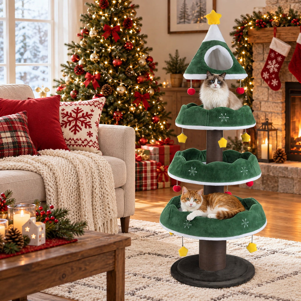 Airfind Multi-level Christmas Cat Tree with 3 Platforms and Upholstered Top Perch, 33 lbs Capacity, 27.5in x 70.5in Base Footprint, Multicolor