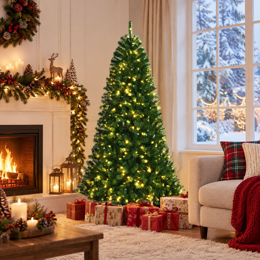 Airfind Artificial Hinged Christmas Tree with Remote-controlled Color-changing LED Lights-7ft, New PVC metal 6 Ft: Frame, 6ft x 3.1ft Footprint, Green