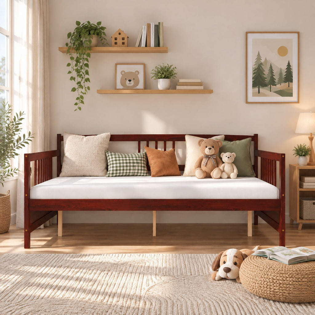 Airfind Classic Wooden Full Size Daybed Frame with Guardrails, 250 lbs Capacity, Pine wood plywood MDF Frame, Brown