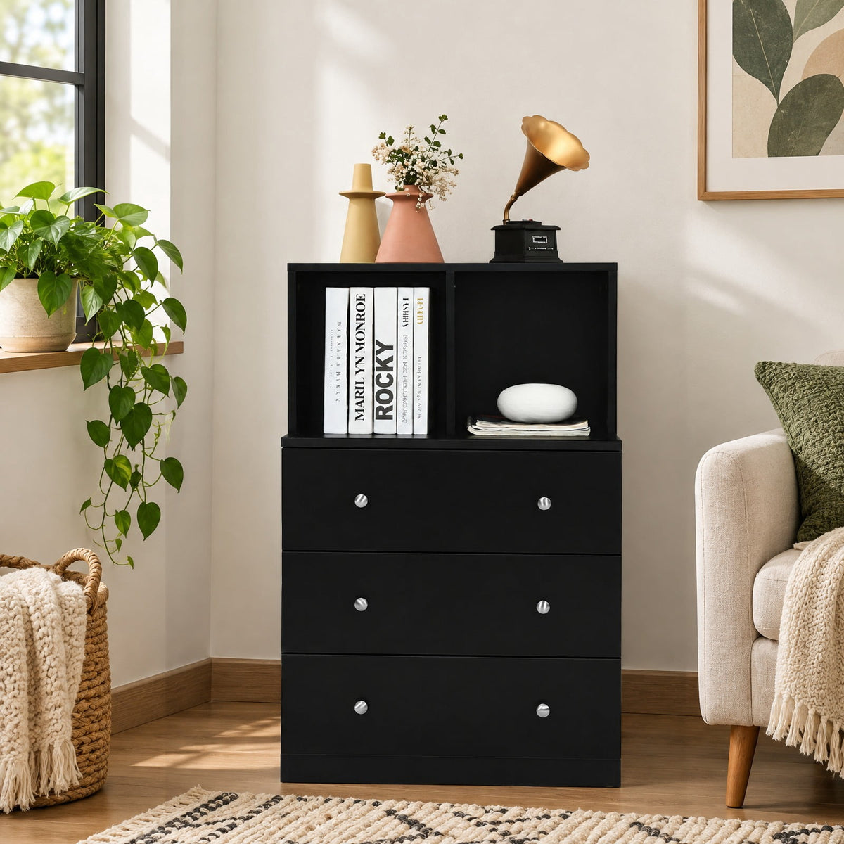 Airfind 3 Drawer Dresser with Cubbies Storage Chest for Bedroom Living Room, Engineered wood metal Frame, 24in x 16in x 37in Footprint, Black