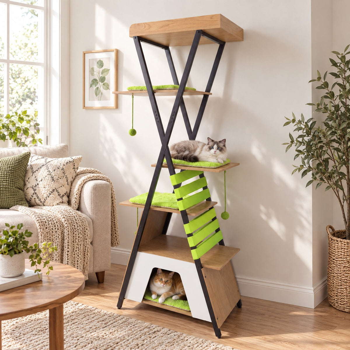Airfind 73 Inch Multi-level Cat Tree for Indoor Cats with Elevated Perch and Large Condo, 44 lbs Capacity, Engineered Wood Frame, Green