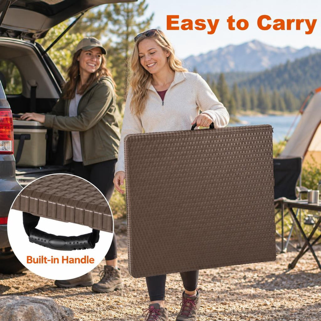 Airfind 5FT Folding Picnic Table with Rattan Grain HDPE Tabletop and Sturdy Metal Fame, 400 lbs Capacity, HDPE Metal Frame, Coffee