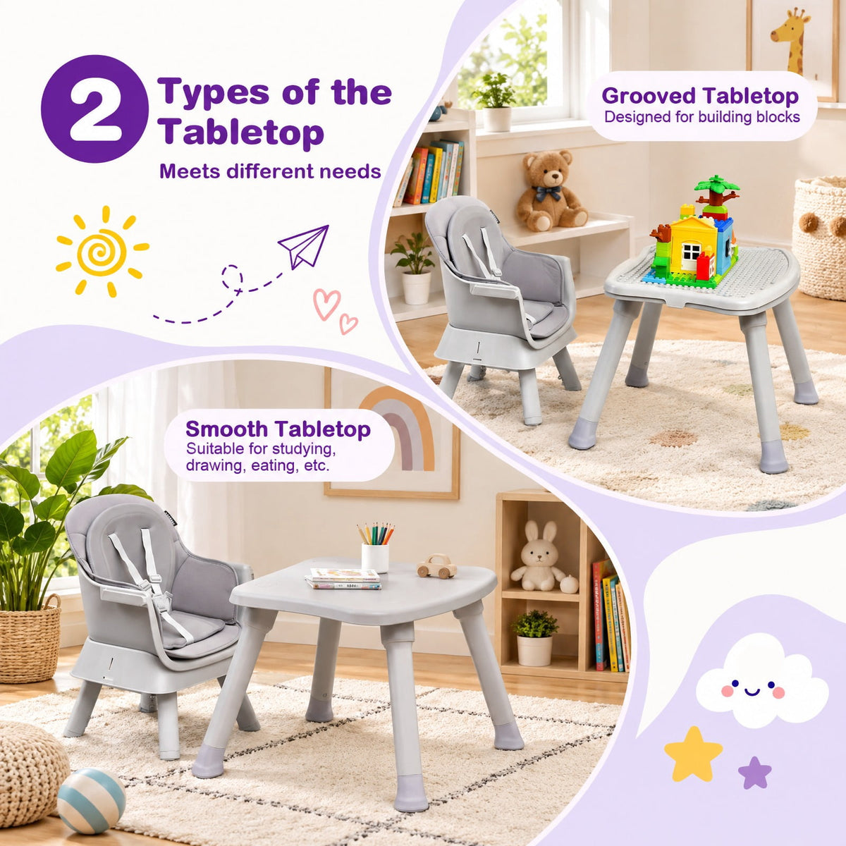 Airfind 6-in-1 Convertible Youth High Chair featuring Adjustable Removable Tray, 55 lbs Capacity, PP PU Fabric Frame, for 6-36 Months, Gray